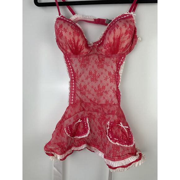 NWT Victoria’s Secret Maid Lingerie Teddy Red Mesh Lace Babydoll 34C Valentine - Picture 2 of 16